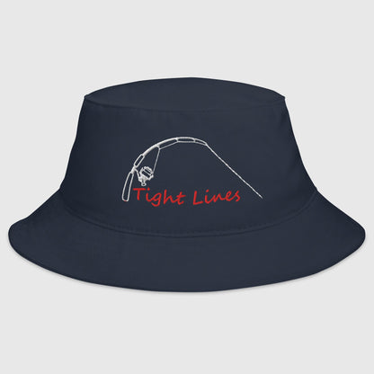 Navy fishing hat with embroidered fishing rod and "Tight Lines" text, funny fishing hat style. - Tight Lines Bucket Hat - Dark