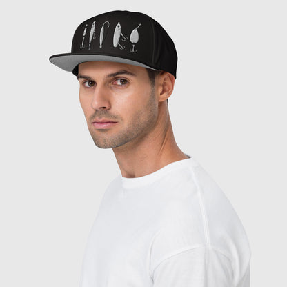 Black snapback fishing hat with white fishing lure illustrations and flat brim. - "The Big Five" Snapback