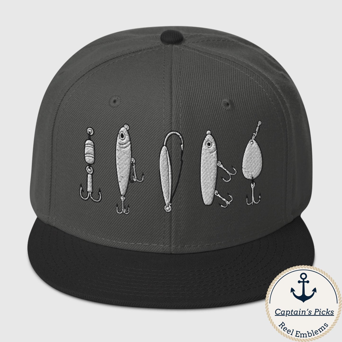 Big 5 fishing lures snapback in black and charcoal by Reel Emblems