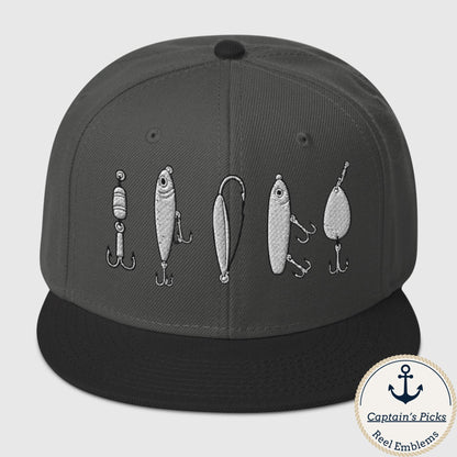 Charcoal gray and black snapback fishing hat with embroidered vintage lure designs, funny fishing hat style. - "The Big Five" Snapback