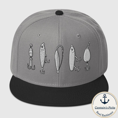 Gray and black snapback fishing hat with five embroidered fishing lure designs, funny fishing hat style. - "The Big Five" Snapback