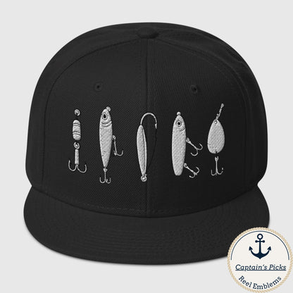 Black snapback fishing hat with white embroidered fishing lure designs, funny fishing hat style. - "The Big Five" Snapback
