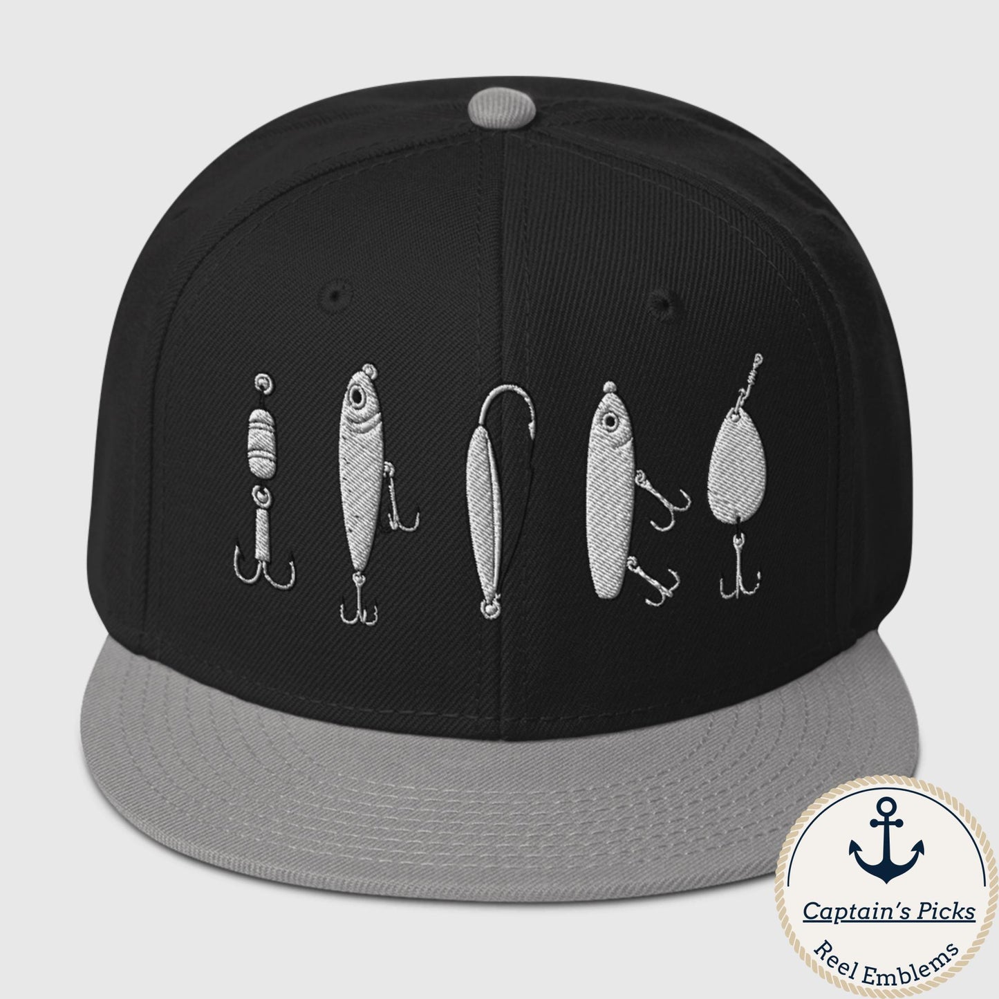 Big 5 fishing lures snapback in gray and black by Reel Emblems