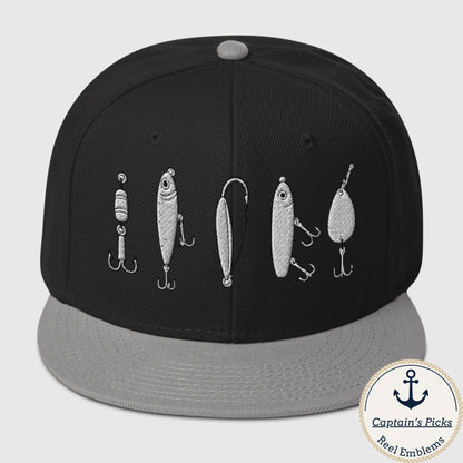 Black and gray snapback fishing hat with embroidered fishing lure designs and funny fishing hat style. - "The Big Five" Snapback