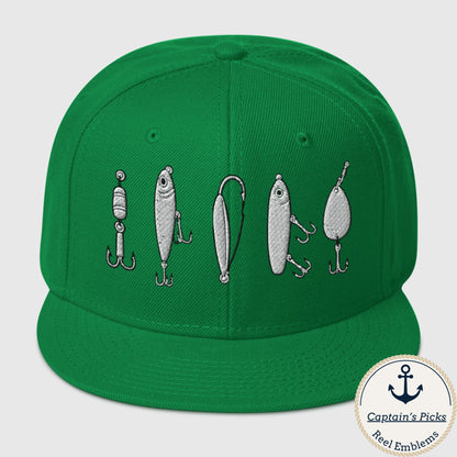 Green snapback fishing hat with embroidered fishing lures in white and silver, funny fishing hat design. - "The Big Five" Snapback