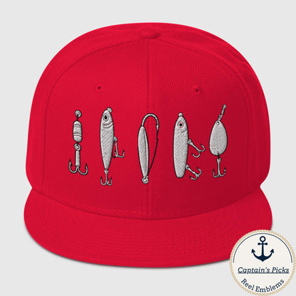 Red snapback fishing hat with five printed fishing lures, funny fishing hat design. - "The Big Five" Snapback