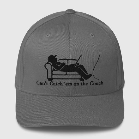 Dark grey dad hat with black fisherman couch graphic and text