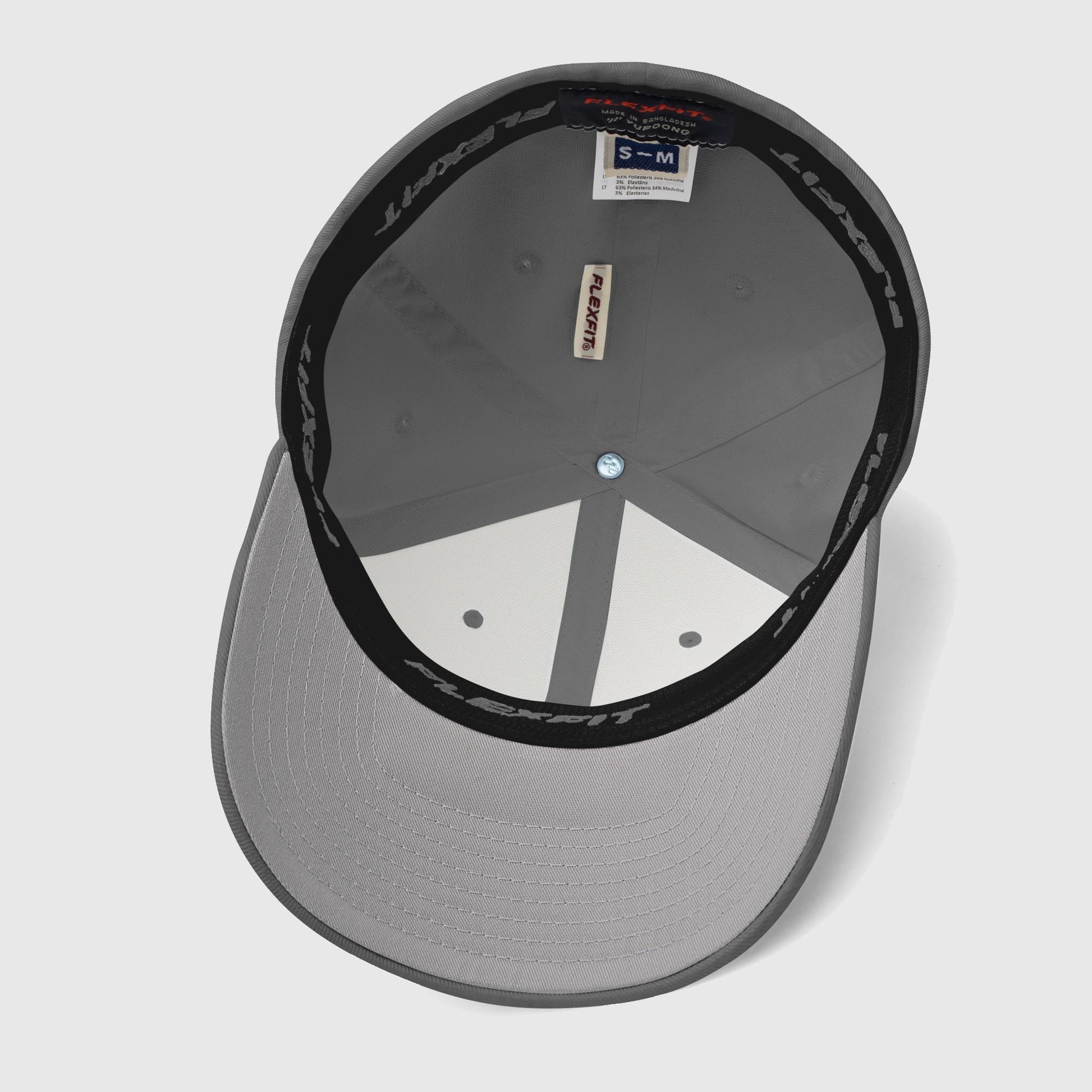 Underside view of dark grey structured dad hat with black brim detail
