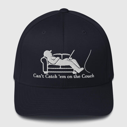 Dark navy structured fishing hat with funny "Can't Catch 'em on the Couch" graphic and text. - Can't Catch 'Em Structured Ball Cap - Dark