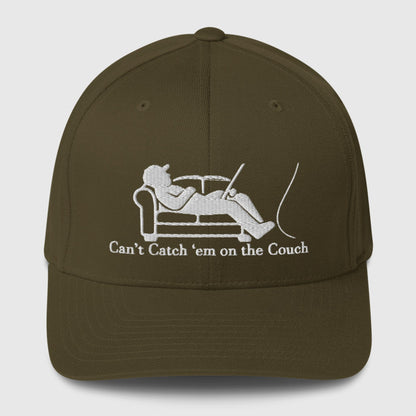 Olive structured fishing hat with funny graphic of a person fishing on a couch and text "Can't Catch 'em on the Couch". - Can't Catch 'Em Structured Ball Cap - Dark