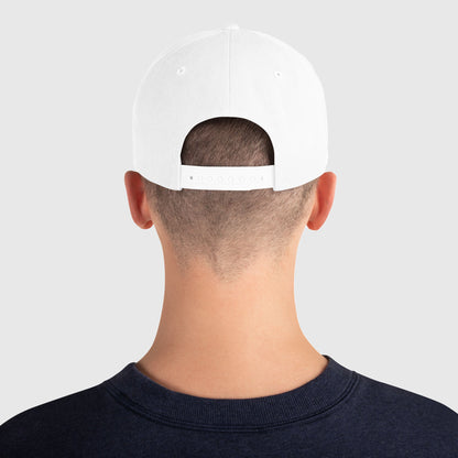 White snapback fishing hat with adjustable strap, shown from the back on a model. - Catch & Release Snapback