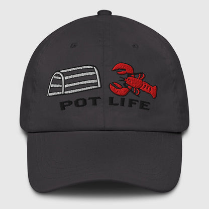 Black dad hat with embroidered lobster and lobster trap graphic and "Pot Life" text, funny fishing hat. - Pot Life Lobster Dad Hat