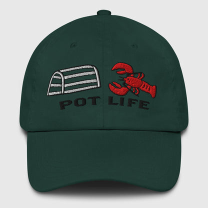 Dark green dad hat with embroidered lobster, lobster trap, and "POT LIFE" text, funny fishing hat style. - Pot Life Lobster Dad Hat