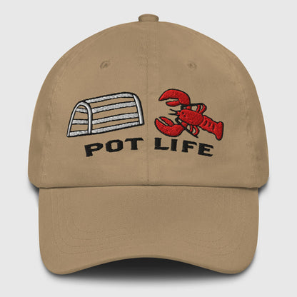 Khaki dad hat with embroidered lobster trap, red lobster, and "POT LIFE" text, funny fishing hat. - Pot Life Lobster Dad Hat