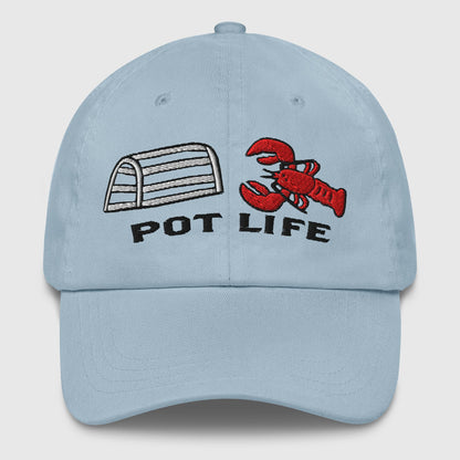 Light blue dad hat with embroidered lobster trap and red lobster graphic, "POT LIFE" text, funny fishing hat design. - Pot Life Lobster Dad Hat