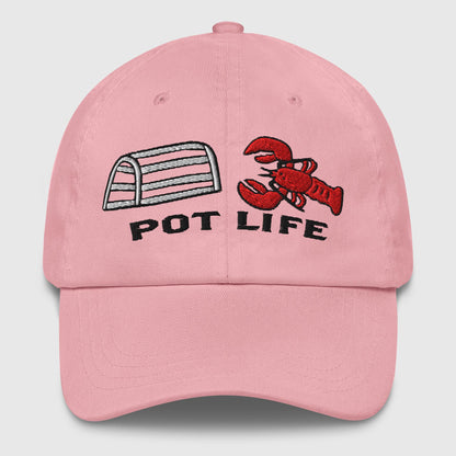 Pink dad hat with humorous lobster and trap graphic and "Pot Life" text, funny fishing hat. - Pot Life Lobster Dad Hat