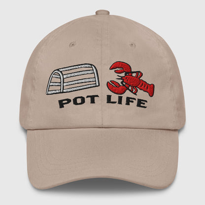Khaki dad hat with embroidered lobster and fishing trap graphic and "POT LIFE" text, funny fishing hat. - Pot Life Lobster Dad Hat