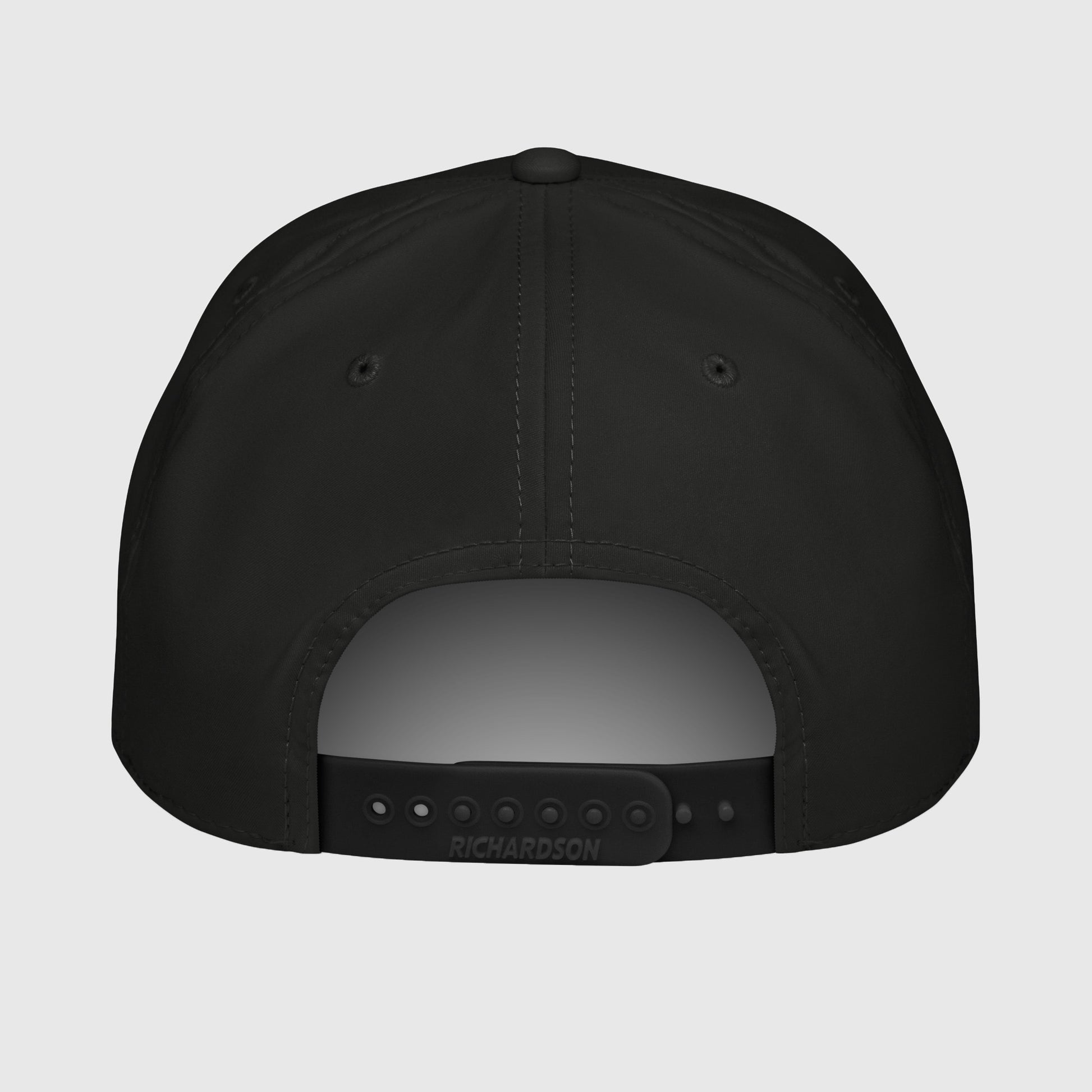 Back of black rope cap with adjustable snap closure