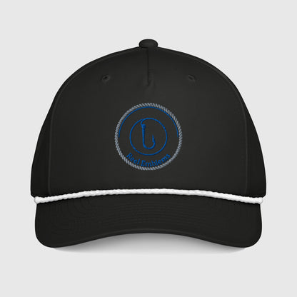 Black fishing hat with blue Reel Emblems logo and white rope detail across the brim, funny fishing hat style. - Reel Emblems Logo Classic Rope Cap