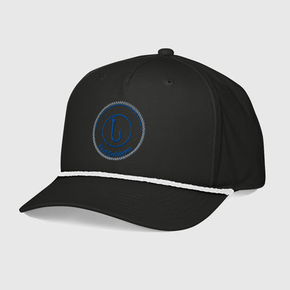 Black fishing hat with blue Reel Emblems logo and white rope detail on the brim, funny fishing hat style. - Reel Emblems Logo Classic Rope Cap