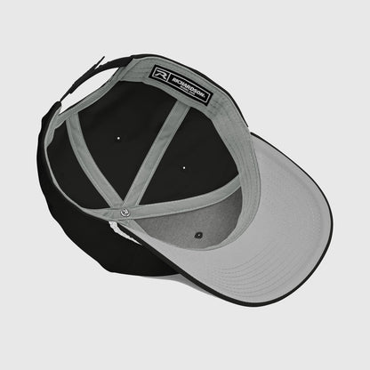Inside view of black and white fishing hat with classic rope detail and logo patch, funny fishing hat style. - Reel Emblems Logo Classic Rope Cap
