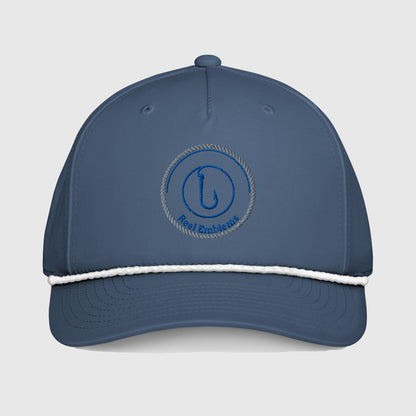 Light blue fishing hat with Reel Emblems logo and white rope detail, funny fishing hat design. - Reel Emblems Logo Classic Rope Cap