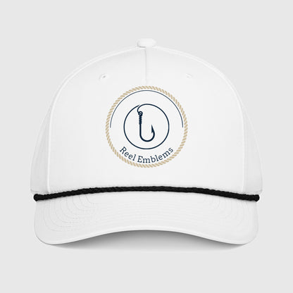 White fishing hat with black rope trim and Reel Emblems logo featuring a fishing hook design, funny fishing hat style. - Reel Emblems Logo Classic Rope Cap - Print