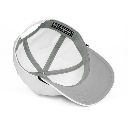 White and black fishing hat with reel emblems logo and classic rope detailing, funny fishing hat style. - Reel Emblems Logo Classic Rope Cap - Print