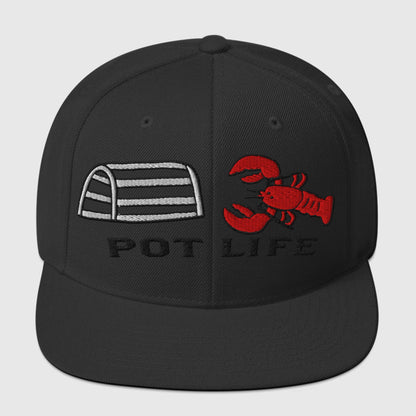 Black snapback fishing hat with white lobster trap and red lobster graphic, funny fishing hat text Pot Life. - Pot Life Lobster Snapback Hat
