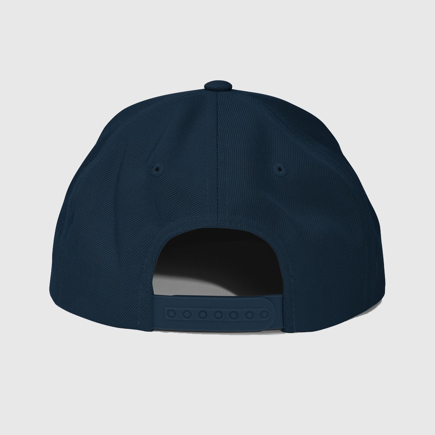 Back view of dark navy snapback hat with adjustable snap closure