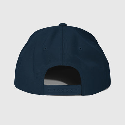 Dark navy snapback fishing hat with adjustable plastic strap, back view. - Pot Life Lobster Snapback Hat