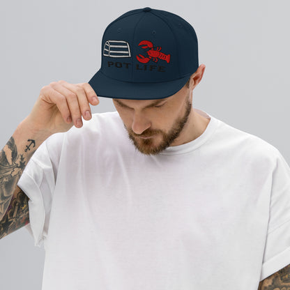 Dark navy snapback fishing hat with red lobster graphic and Pot Life text, funny fishing hat style. - Pot Life Lobster Snapback Hat