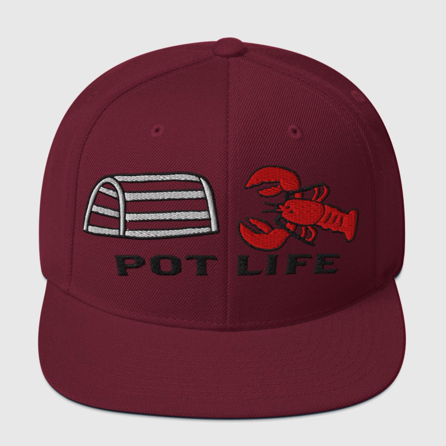 Maroon snapback hat with embroidered lobster trap, red lobster, and "POT LIFE" text