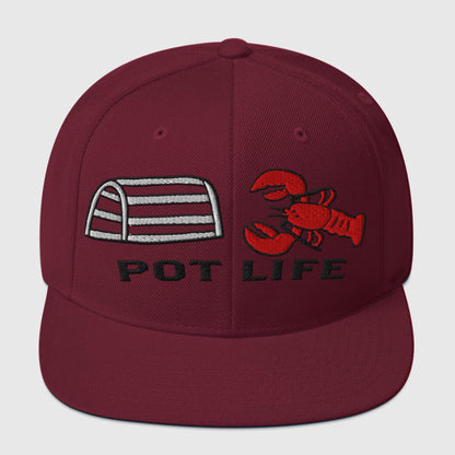 Maroon snapback fishing hat with embroidered lobster and pot graphic and "Pot Life" text, funny fishing hat design. - Pot Life Lobster Snapback Hat