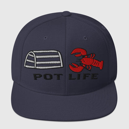 Dark navy snapback fishing hat with embroidered lobster and lobster trap graphic, funny fishing hat design. - Pot Life Lobster Snapback Hat