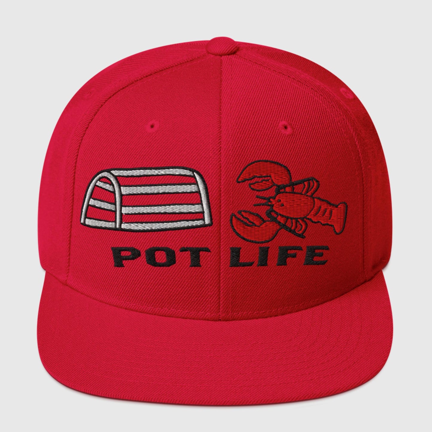 Red snapback hat with embroidered lobster trap, red lobster, and "POT LIFE" text