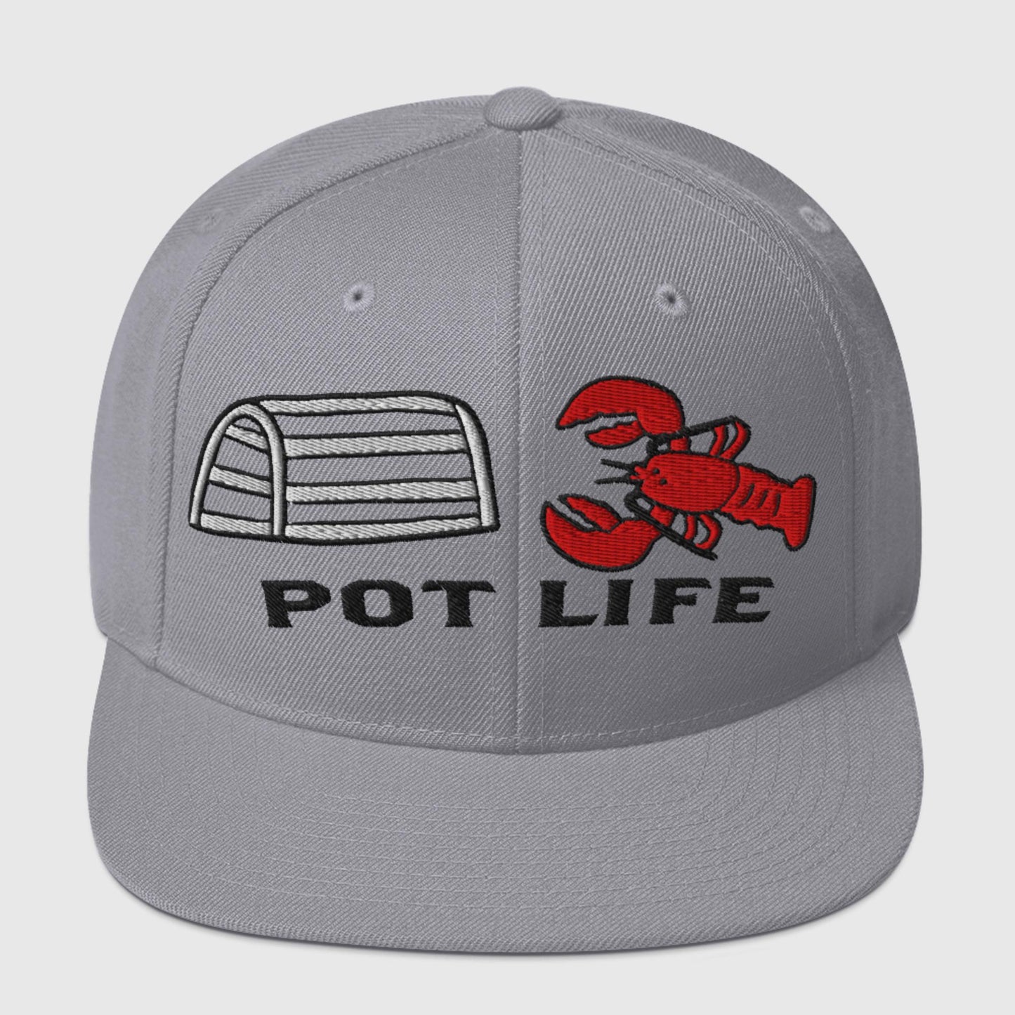 Silver snapback hat with embroidered lobster trap, red lobster, and “POT LIFE” text on the front