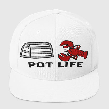 White snapback fishing hat with black embroidered lobster and trap graphic and "POT LIFE" text, funny fishing hat design. - Pot Life Lobster Snapback Hat