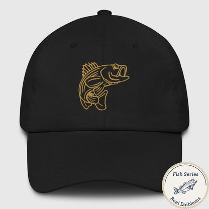 Black dad hat with a yellow striped bass graphic, fishing hat with a funny fishing design. - Striped Bass - Fish Series Dad Hat