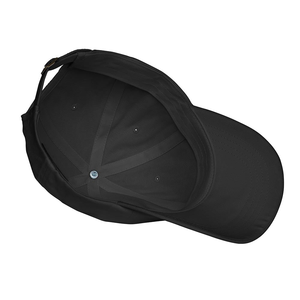 Inside view of black dad hat showing brim and crown