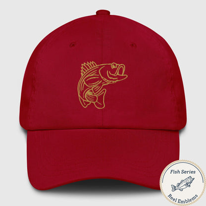 Cranberry dad hat with embroidered striped bass graphic fishing hat, funny fishing hat design. - Striped Bass - Fish Series Dad Hat