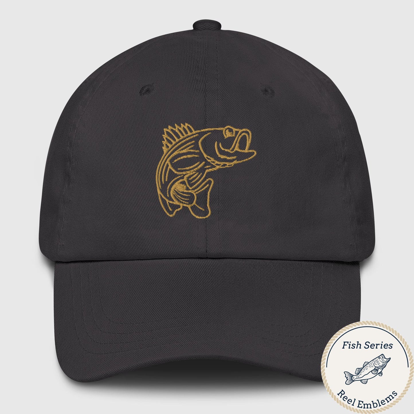 Dark grey dad hat with gold embroidered bass emblem