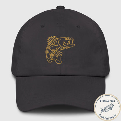 Black dad hat with orange striped bass graphic, a fishing hat with a funny fishing theme. - Striped Bass - Fish Series Dad Hat