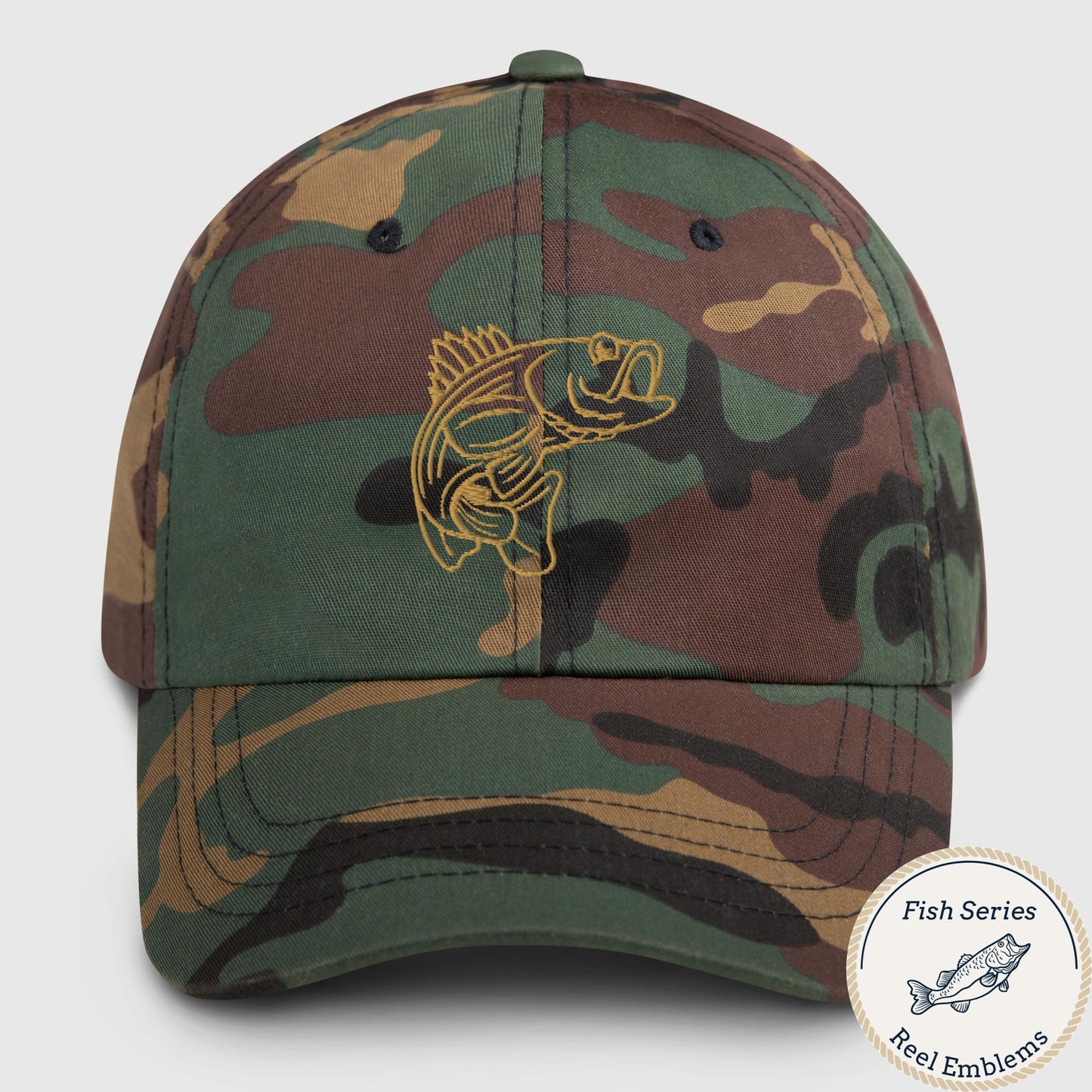 Green camo dad hat with gold embroidered bass emblem