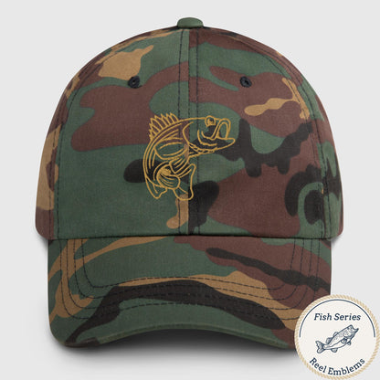 Green camo fishing hat with embroidered striped bass graphic, adjustable dad hat style. - Striped Bass - Fish Series Dad Hat