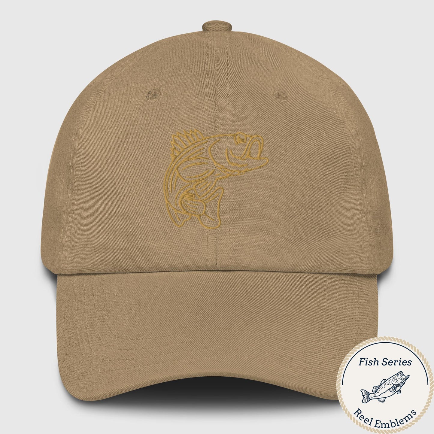 Khaki dad hat with gold embroidered bass emblem