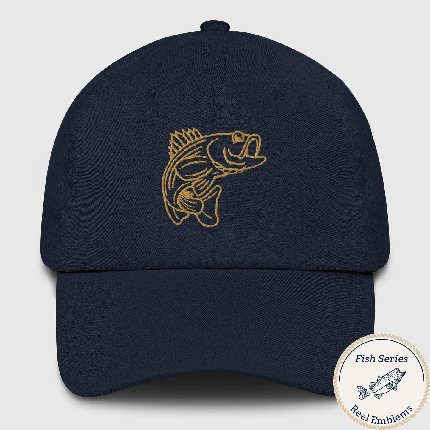 Navy dad hat with gold embroidered bass emblem