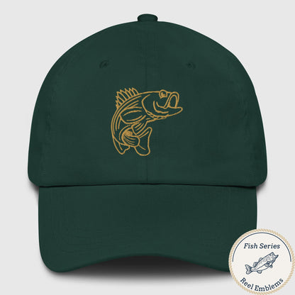 Dark green fishing hat with embroidered striped bass graphic, a funny fishing hat style. - Striped Bass - Fish Series Dad Hat