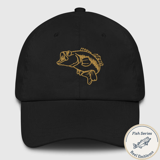 Black dad hat with embroidered largemouth bass design in gold thread, front view