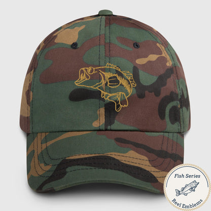 Green camo fishing hat with embroidered largemouth bass graphic, adjustable strap, fish series design, funny fishing hat. - Largemouth Bass – Fish Series Dad Hat